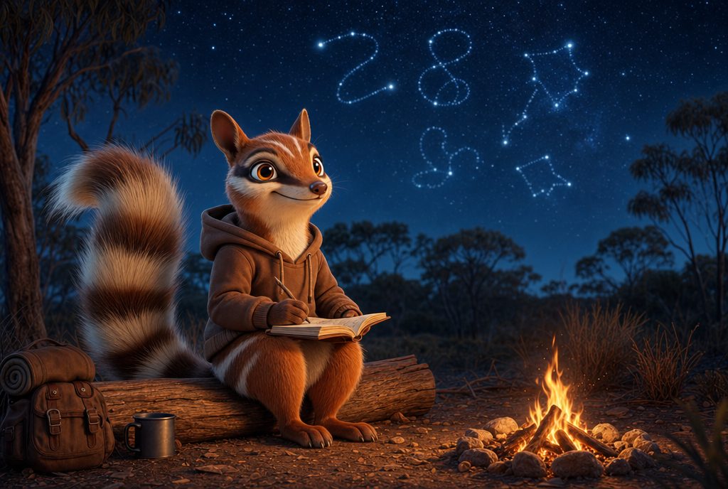 Nim journaling by a campfire at night, constellations tracing numbers in the sky