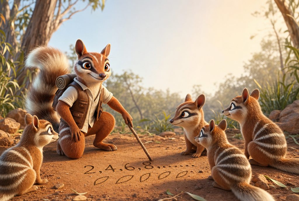 Nim coaching a small group of young numbats through a number pattern in the dirt