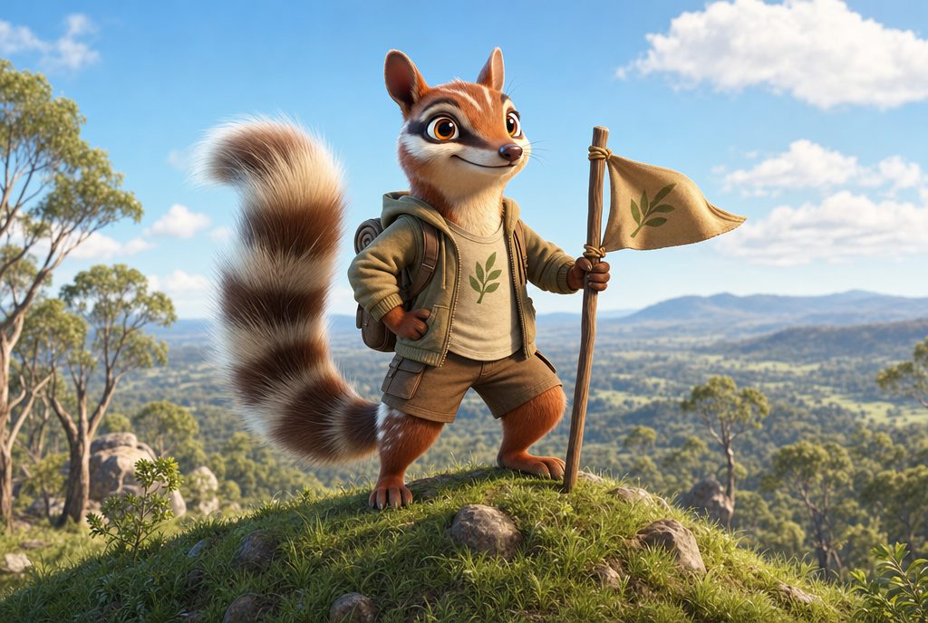 Nim planting a flag on a hilltop overlooking green, recovering woodland