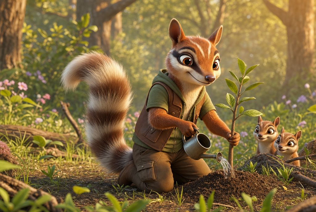 Nim watering a freshly planted sapling while two young numbats watch from their burrow