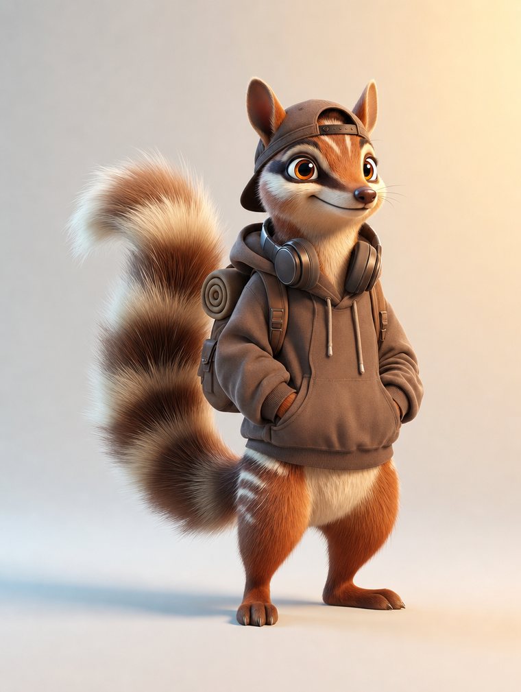 Nim the numbat mascot — full-body portrait in a reverse cap, hoodie and headphones