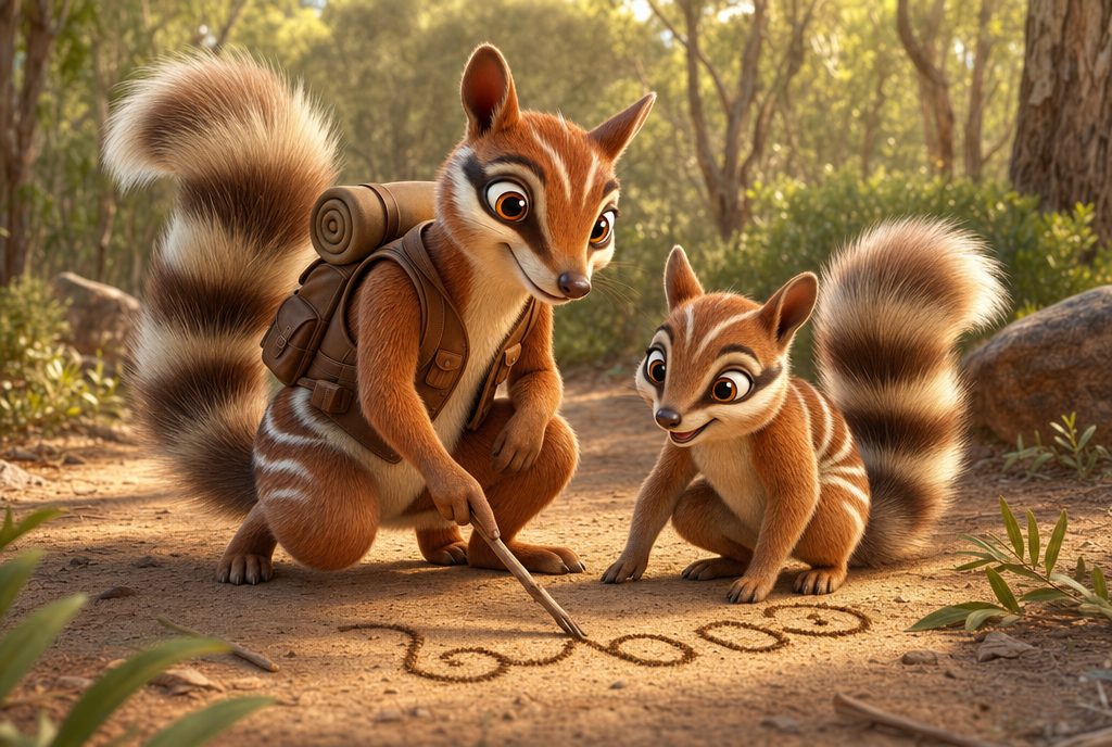 Nim showing a young numbat a number pattern drawn in the dirt