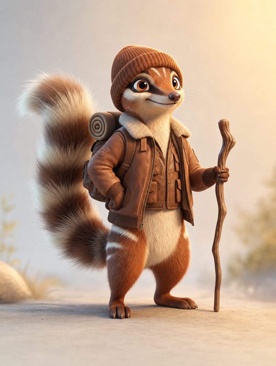 Nim in a beanie and flight jacket at a misty trailhead, walking staff in paw